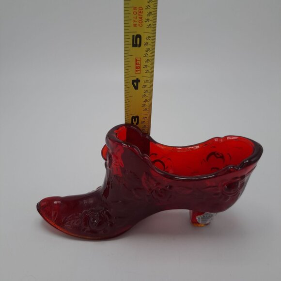 Fenton Ruby Red Glass Victorian Shoe Figurine Cabbage Rose Pattern - Picture 2 of 12